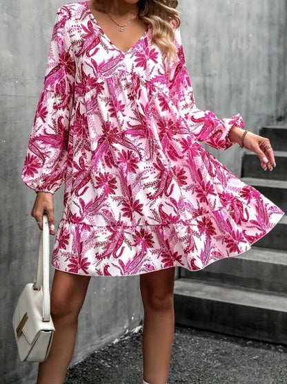 Floral V-Neck Balloon Sleeve Dress - Selvanelle