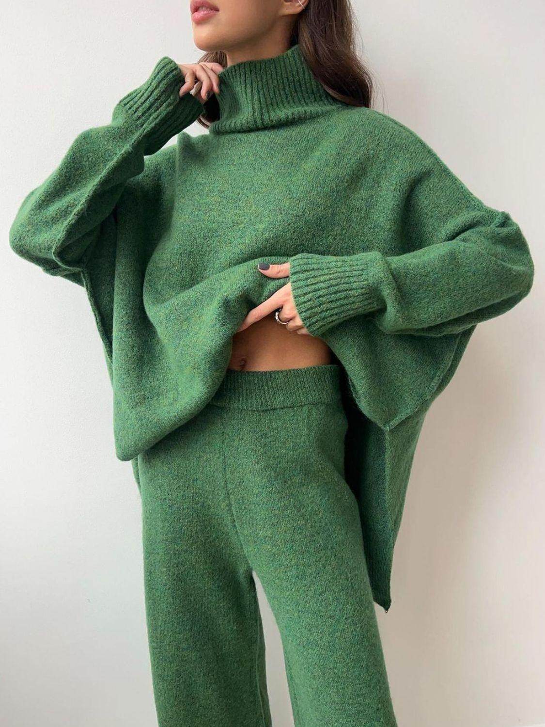 Slit Turtleneck Long Sleeve Top and Pants Sweater Set Outfit - Selvanelle