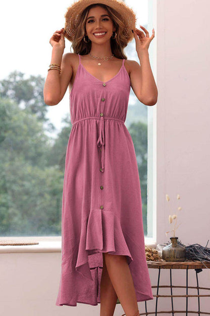 Perfee Spaghetti Strap Decorative Button Ruffled Dress Midi - Selvanelle