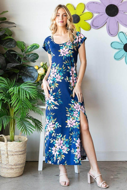 Heimish Full Size Floral Short Sleeve Slit Dress for Women - Selvanelle