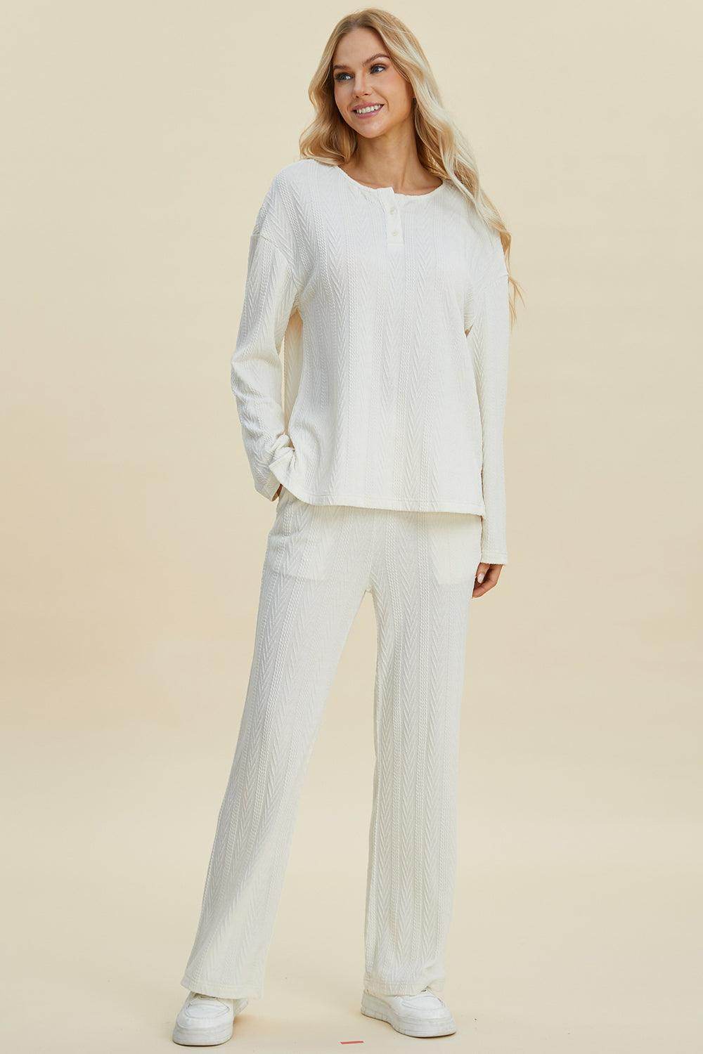Double Take Full Size Cable-Knit Long Sleeve Top Pants Set - Selvanelle