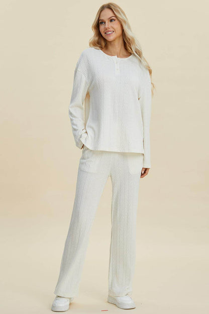 Double Take Full Size Cable-Knit Long Sleeve Top Pants Set - Selvanelle