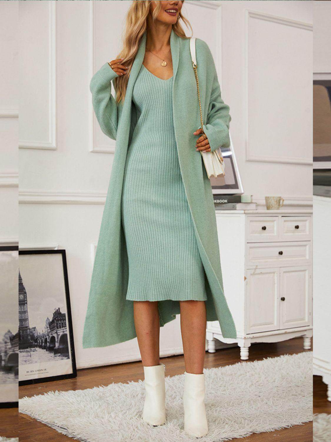 V-Neck Cami Dress and Open Front Cardigan Sweater Set - Selvanelle