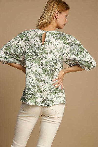Umgee Floral Pleated Detail Lace Trim Sleeve Blouse Women - Selvanelle