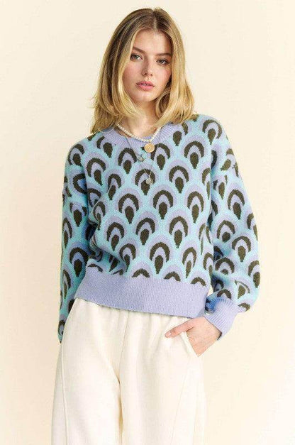 Davi & Dani Scale Jacquard Round Neck Drop Shoulder Sweater - Selvanelle