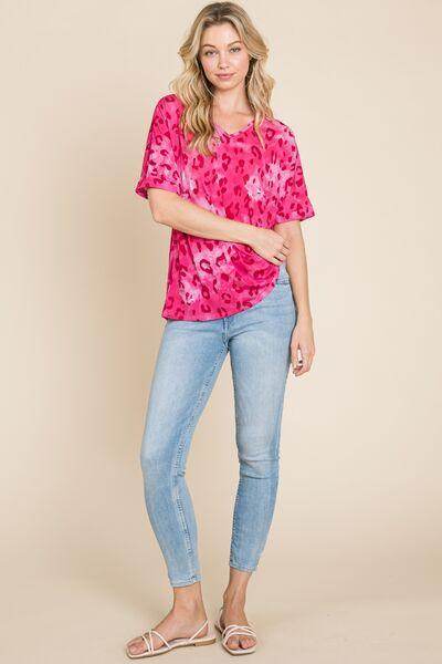 BOMBOM Leopard V-Neck Short Sleeve T-Shirt for Women - Selvanelle
