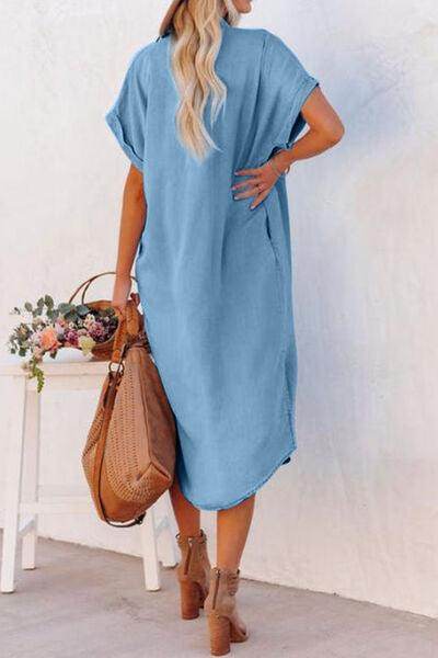 Slit Button Up Short Sleeve Imitation Denim Dress for Women - Selvanelle