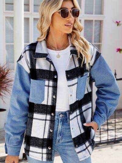 Pocketed Plaid Snap Down Denim Jacket for Stylish Wear - Selvanelle