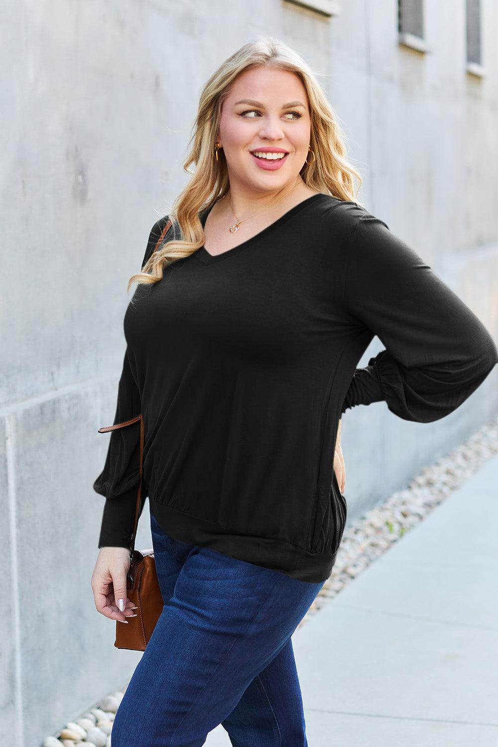 Basic Bae Full Size V-Neck Lantern Sleeve Top for Women - Selvanelle