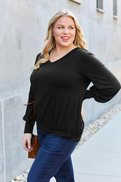 Basic Bae Full Size V-Neck Lantern Sleeve Top for Women - Selvanelle
