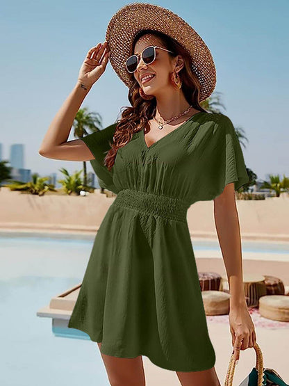 Smocked V-Neck Short Sleeve Dress for Effortless Style - Selvanelle