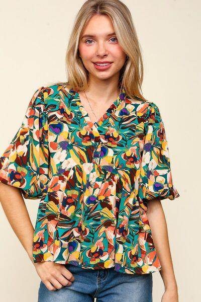 Haptics Full Size Frill Floral Puff Sleeve Peplum Blouse - Selvanelle