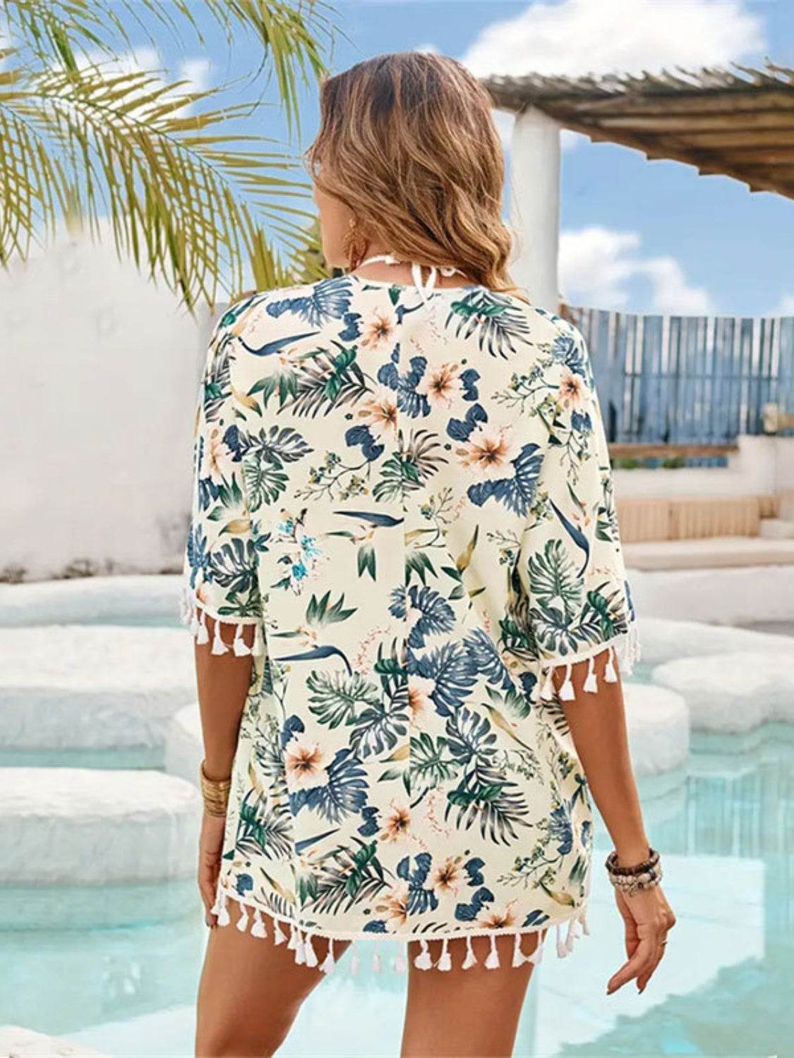 Tassel Printed Open Front Half Sleeve Cover-Up - Selvanelle