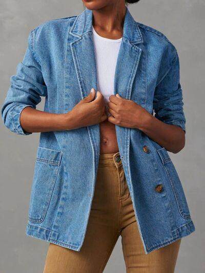 Pocketed Lapel Collar Long Sleeve Denim Jacket for Women - Selvanelle