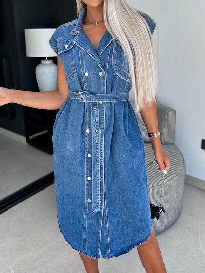 Collared Neck Cap Sleeve Denim Dress with Belted Style - Selvanelle