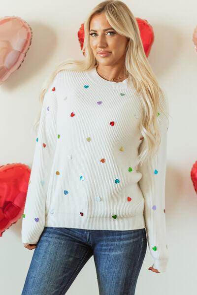 Heart Sequin Round Neck Long Sleeve Sweater for Women - Selvanelle