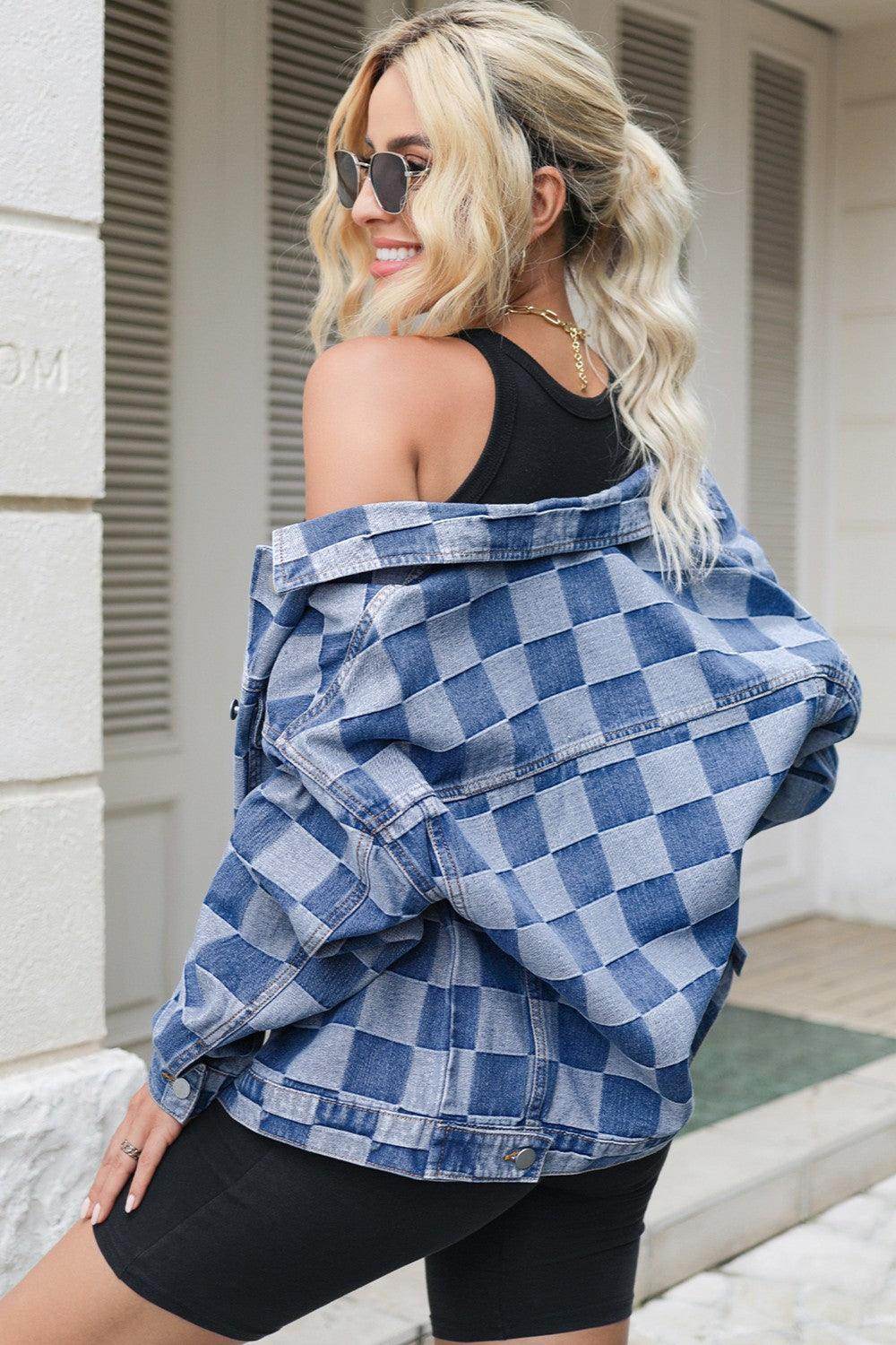 Checkered Button Up Long Sleeve Denim Jacket for Women - Selvanelle