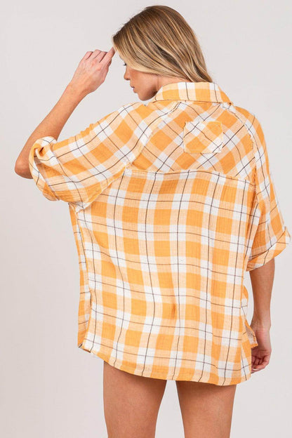 SAGE + FIG Plaid Button Up Side Slit Shirt for Women - Selvanelle