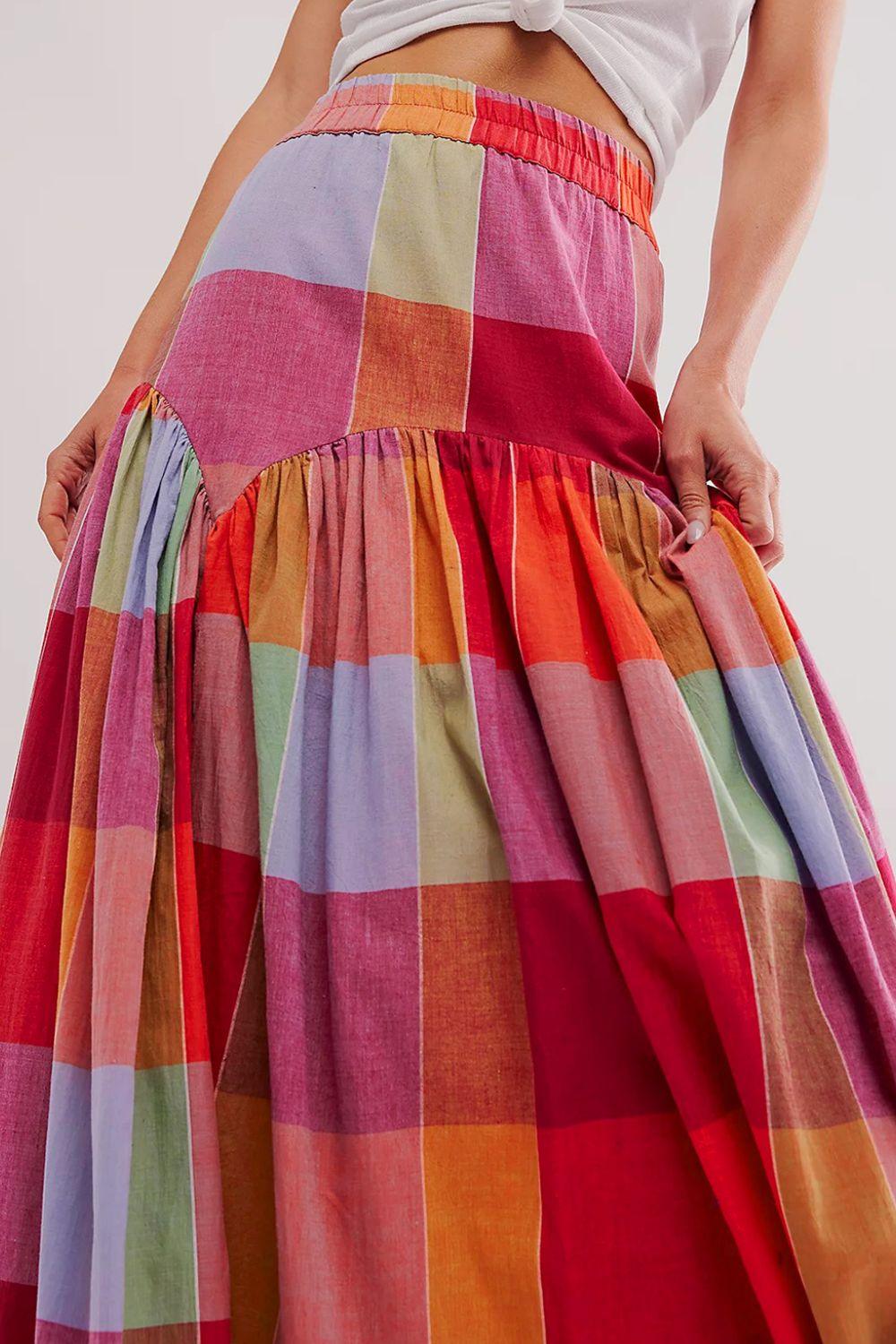 Color Block Elastic Waist Maxi Skirt for Women Fashion