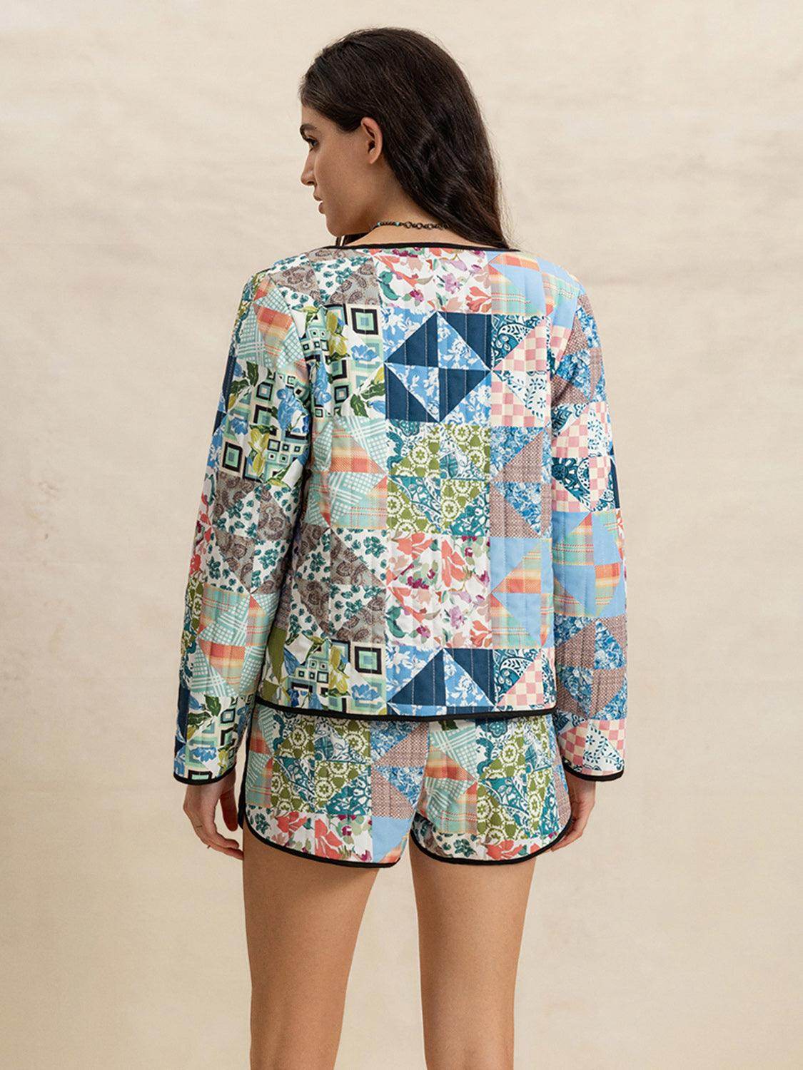 Printed Button Up Long Sleeve Outerwear and Shorts Set - Selvanelle