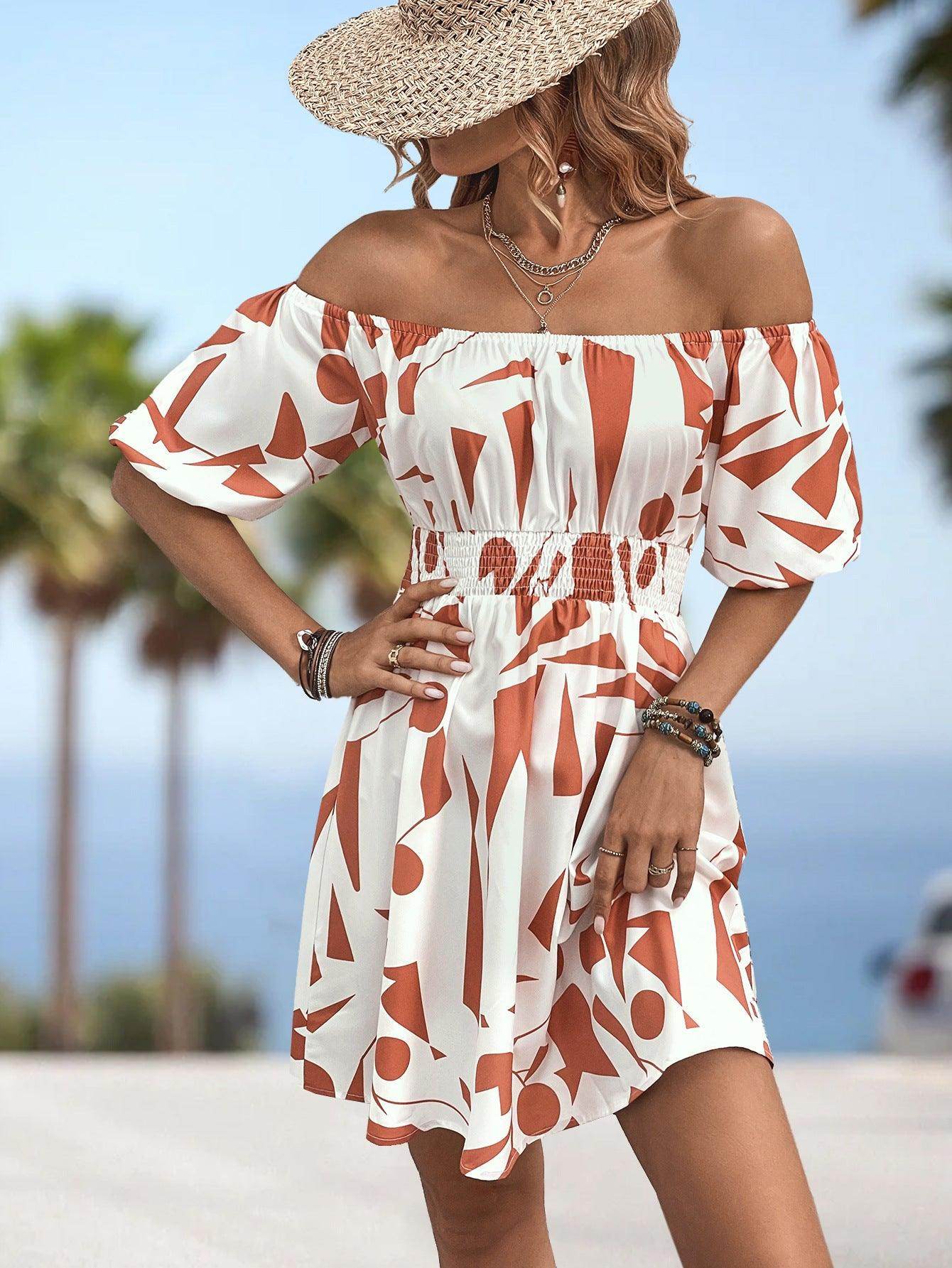 Printed Off-Shoulder Smocked Waist Dress for Women - Selvanelle