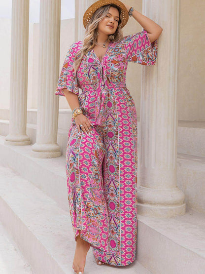 Plus Size Printed Half Sleeve Wide Leg Jumpsuit for Women - Selvanelle