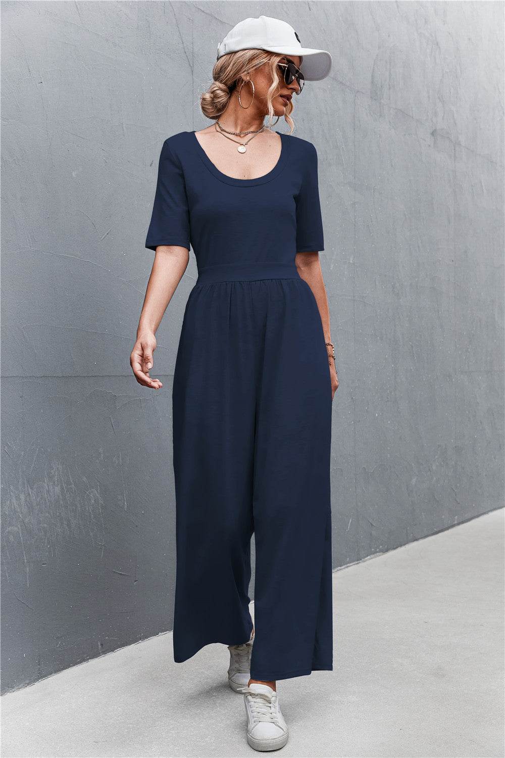 Scoop Neck Half Sleeve Wide Leg Jumpsuit - Selvanelle
