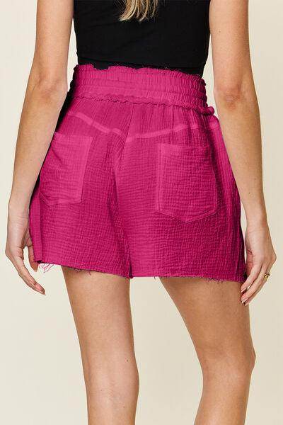 Double Take Full Size Texture Raw Trim Drawstring Shorts - Selvanelle