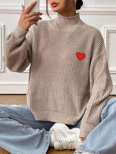 Heart Turtleneck Dropped Shoulder Long Sleeve Sweater for Women - Selvanelle