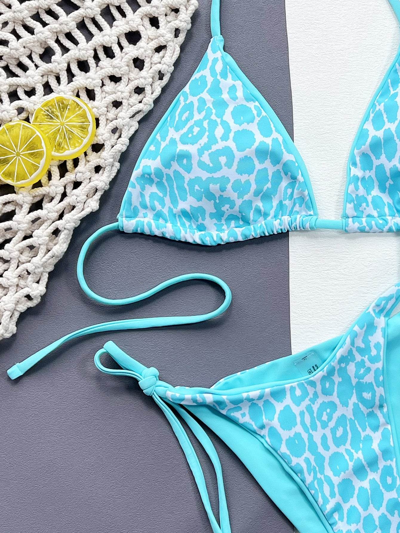 Leopard Print Halter Neck Tie Side Bikini Set - Selvanelle