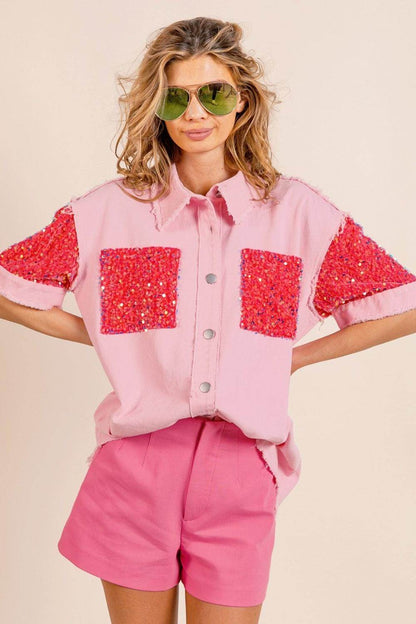 BiBi Sequin Detail Raw Hem Short Sleeve Shirt Glamorous - Selvanelle