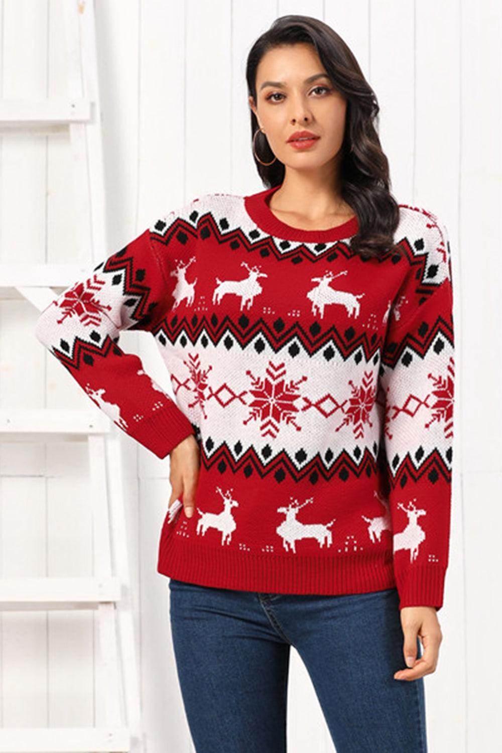Reindeer Round Neck Sweater for Cozy Winter Style - Selvanelle