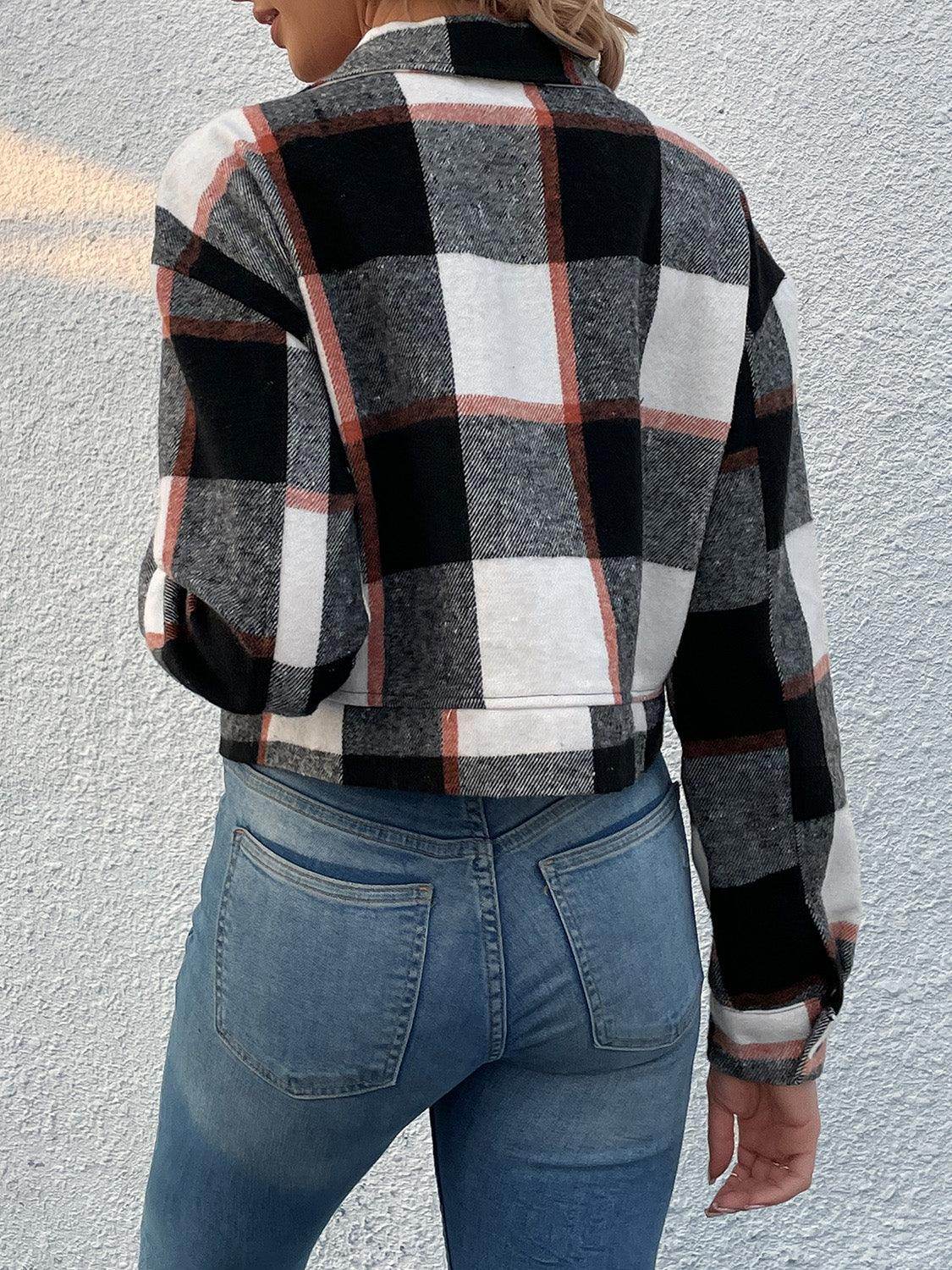 Perfee Plaid Button Up Drop Shoulder Cropped Jacket for Women - Selvanelle