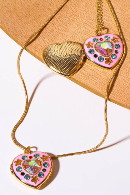 Rhinestone Decor Heart Box Pendant Necklace for Women - Selvanelle