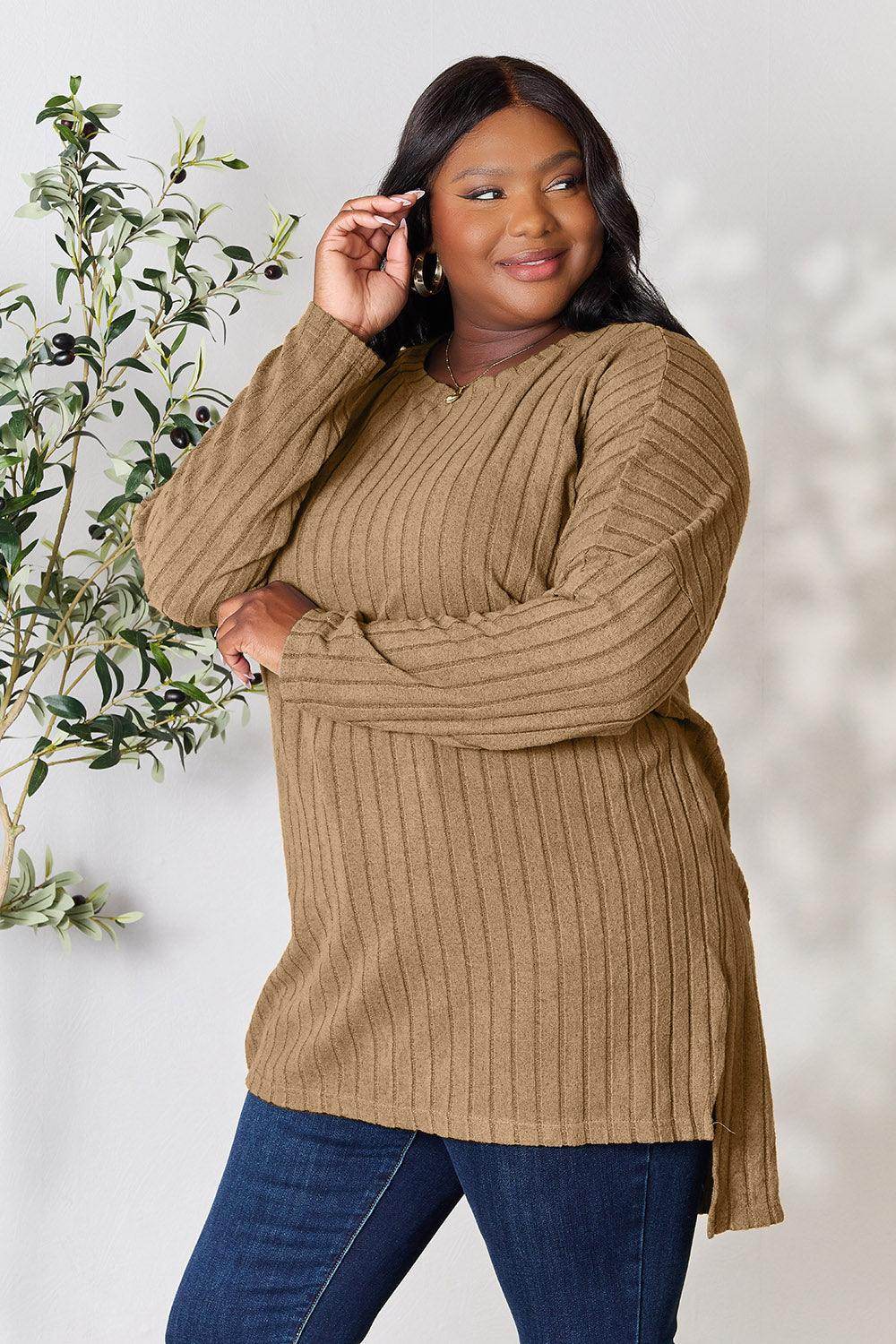Basic Bae Full Size Ribbed Round Neck Long Sleeve Slit Top - Selvanelle