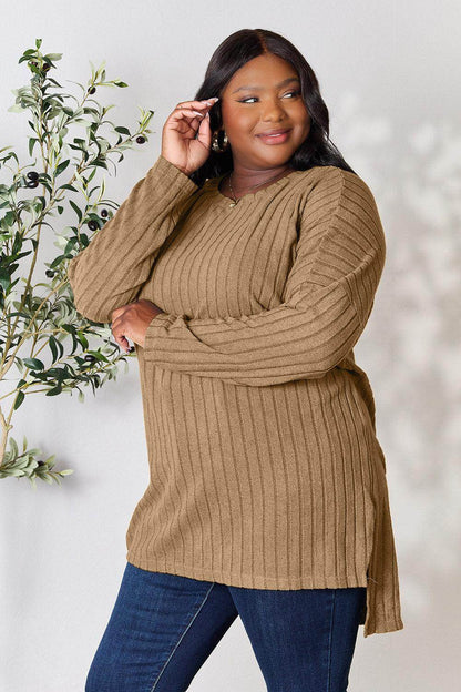 Basic Bae Full Size Ribbed Round Neck Long Sleeve Slit Top - Selvanelle