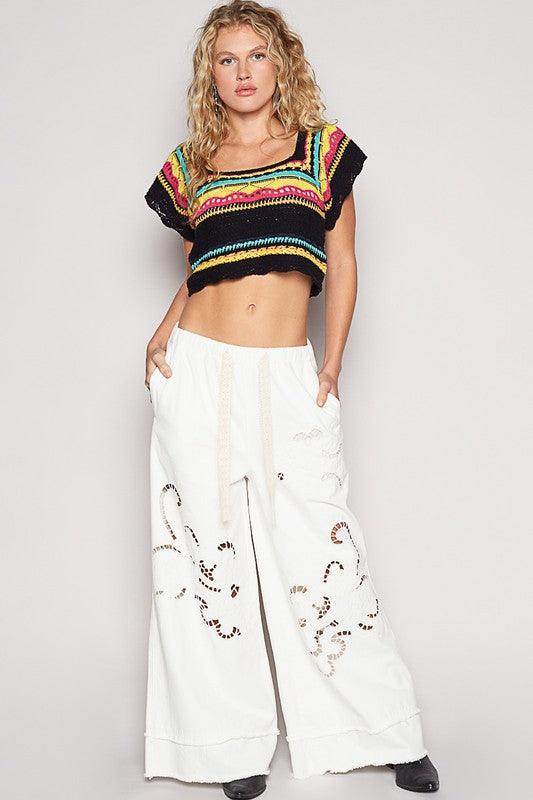 POL Openwork Ethnic Pattern Square Neck Cropped Knit Top - Selvanelle