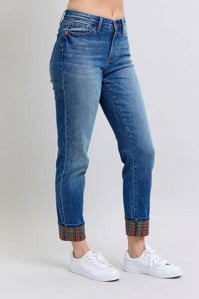 Judy Blue Full Size Plaid Print Cuff Straight Leg Jeans - Selvanelle