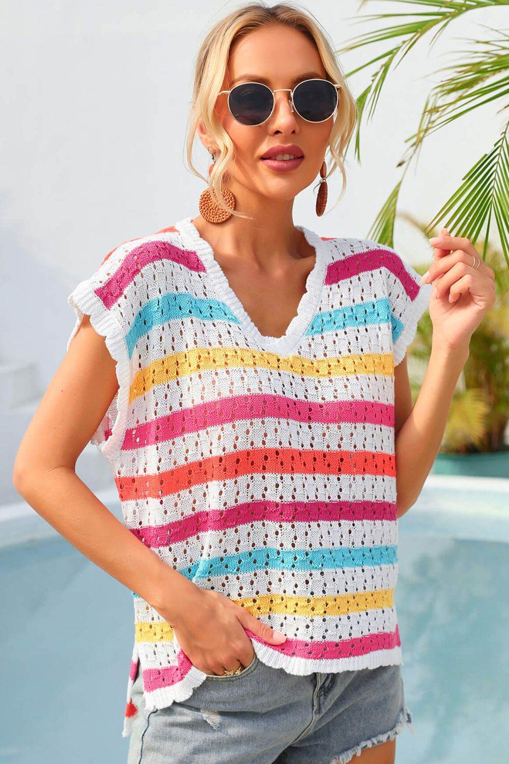 Angel Wings Striped V-Neck Slit Cover Up - Selvanelle