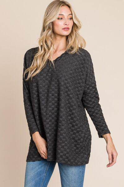 BOMBOM Checkered Long Sleeve V-Neck T-Shirt for Women - Selvanelle