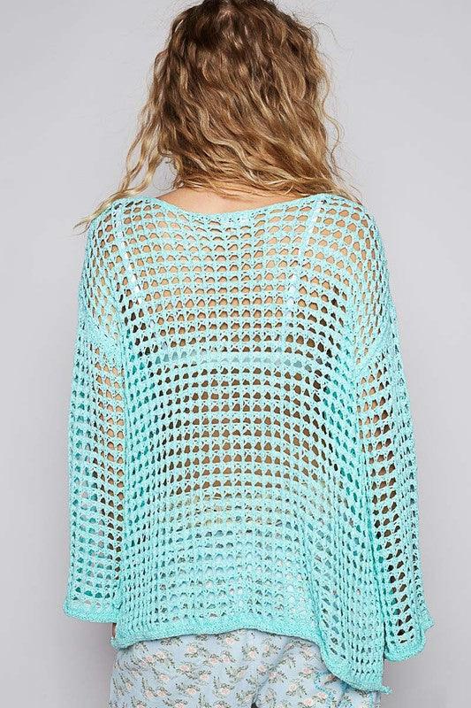 POL Side Slit Openwork Long Sleeve Knit Cover Up for Women