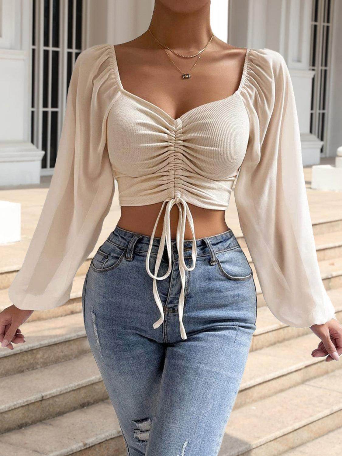 Drawstring Sweetheart Neck Cropped Top for Stylish Looks - Selvanelle