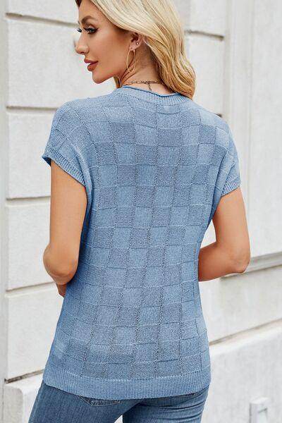 Checkered Round Neck Short Sleeve Knit Top for Women - Selvanelle