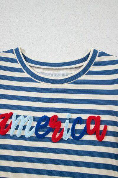 AMERICA Striped Round Neck Puff Sleeve Top for Women - Selvanelle