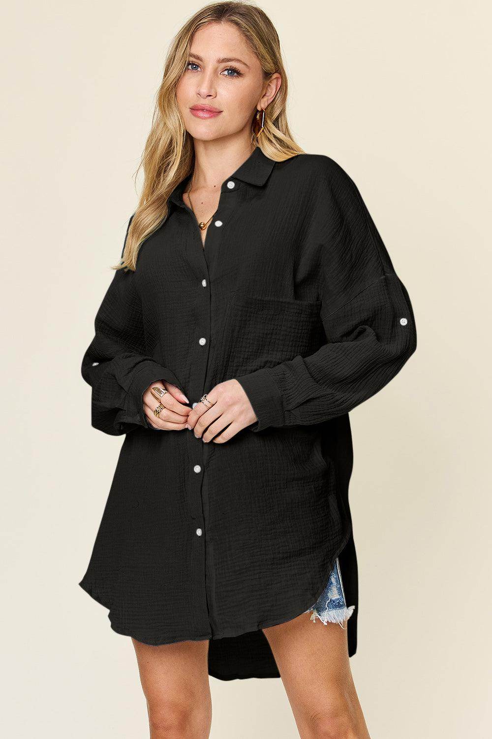 Double Take Full Size Pocketed Texture Button Up Shirt - Selvanelle