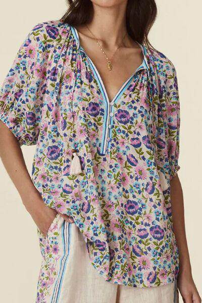 Floral Tie Neck Half Sleeve Blouse for Women Stylish Wear - Selvanelle