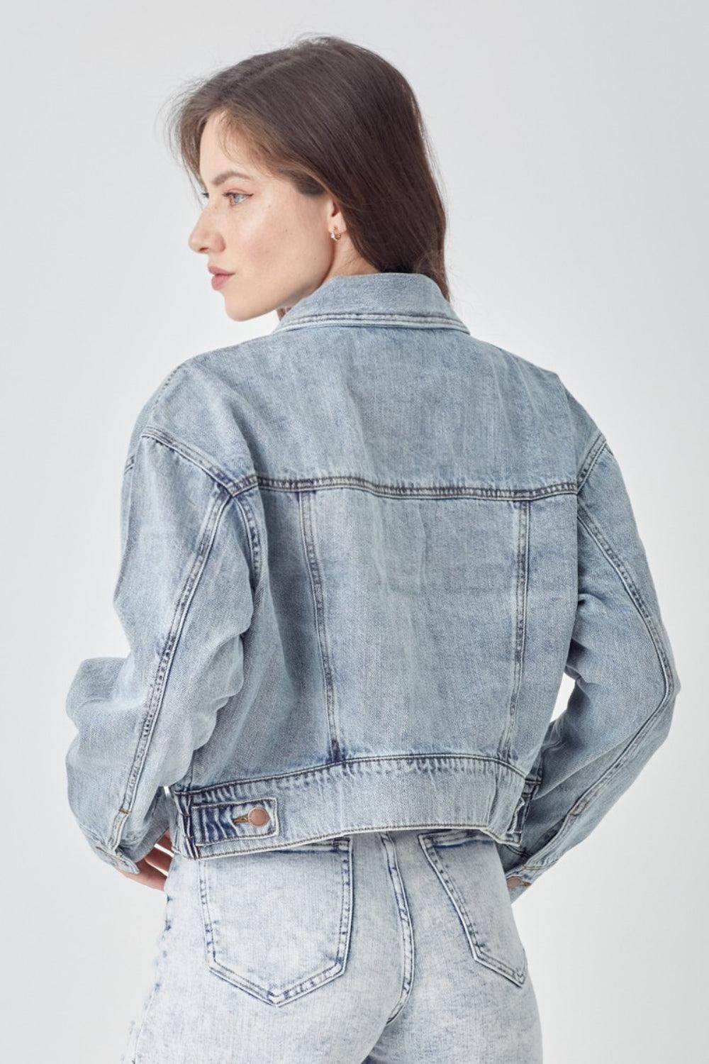 RISEN Full Size Button Down Cropped Denim Jacket for Women - Selvanelle