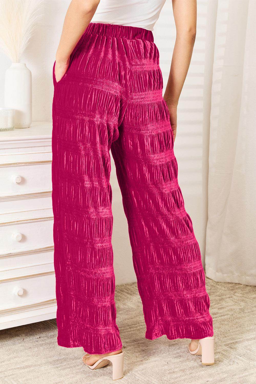 Double Take Full Size High Waist Tiered Shirring Velvet Pants - Selvanelle