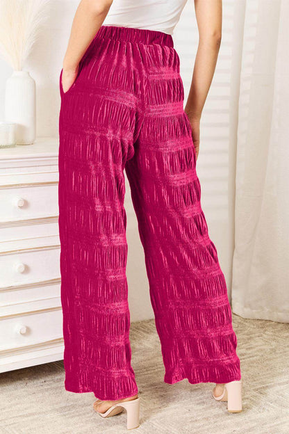 Double Take Full Size High Waist Tiered Shirring Velvet Pants - Selvanelle