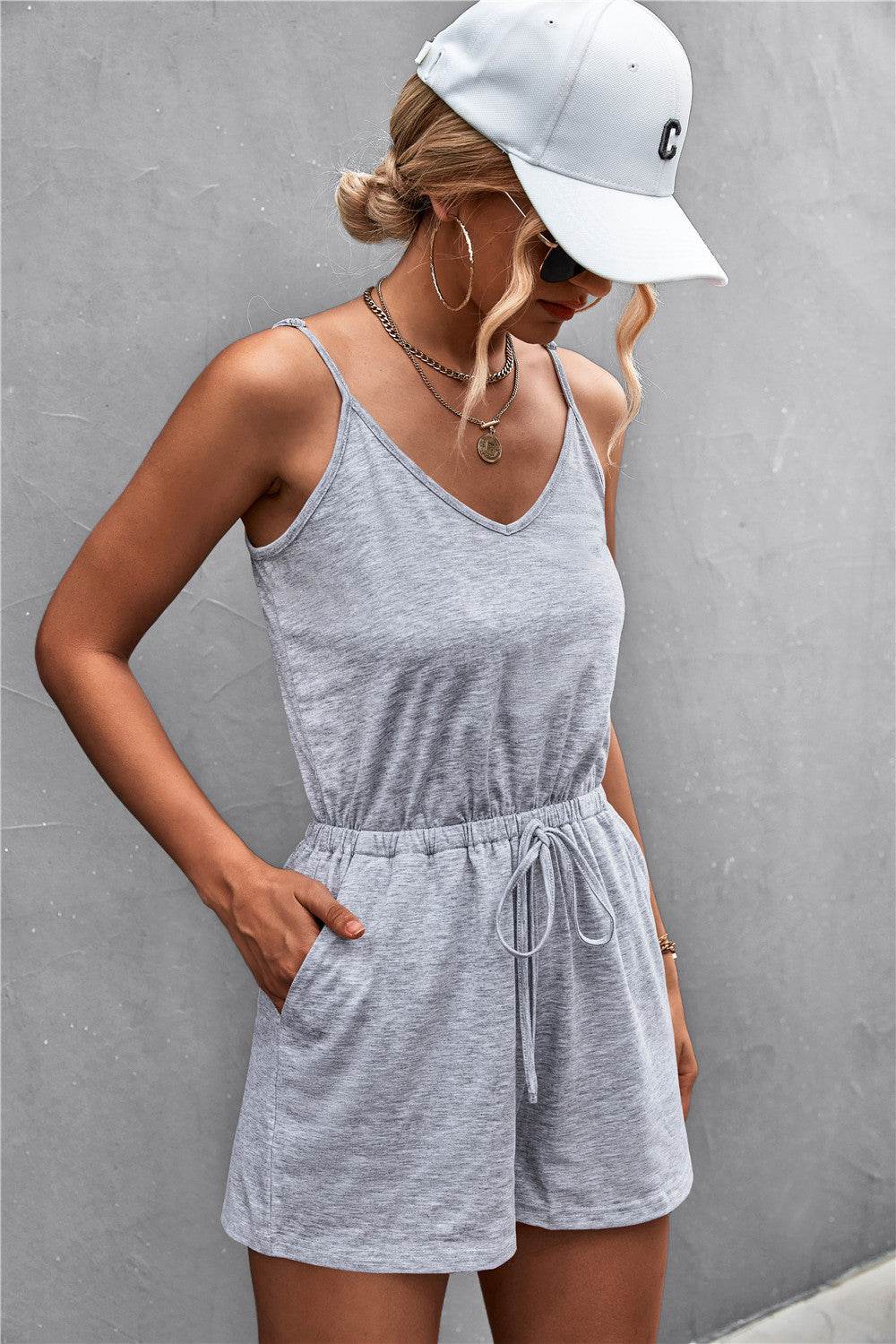 Spaghetti Strap V-Neck Pocket Romper - Selvanelle